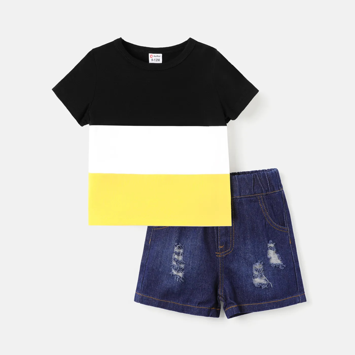 2pcs Baby Boy Cotton Short-sleeve Colorblock Tee and Ripped Denim Shorts Set  big image 1