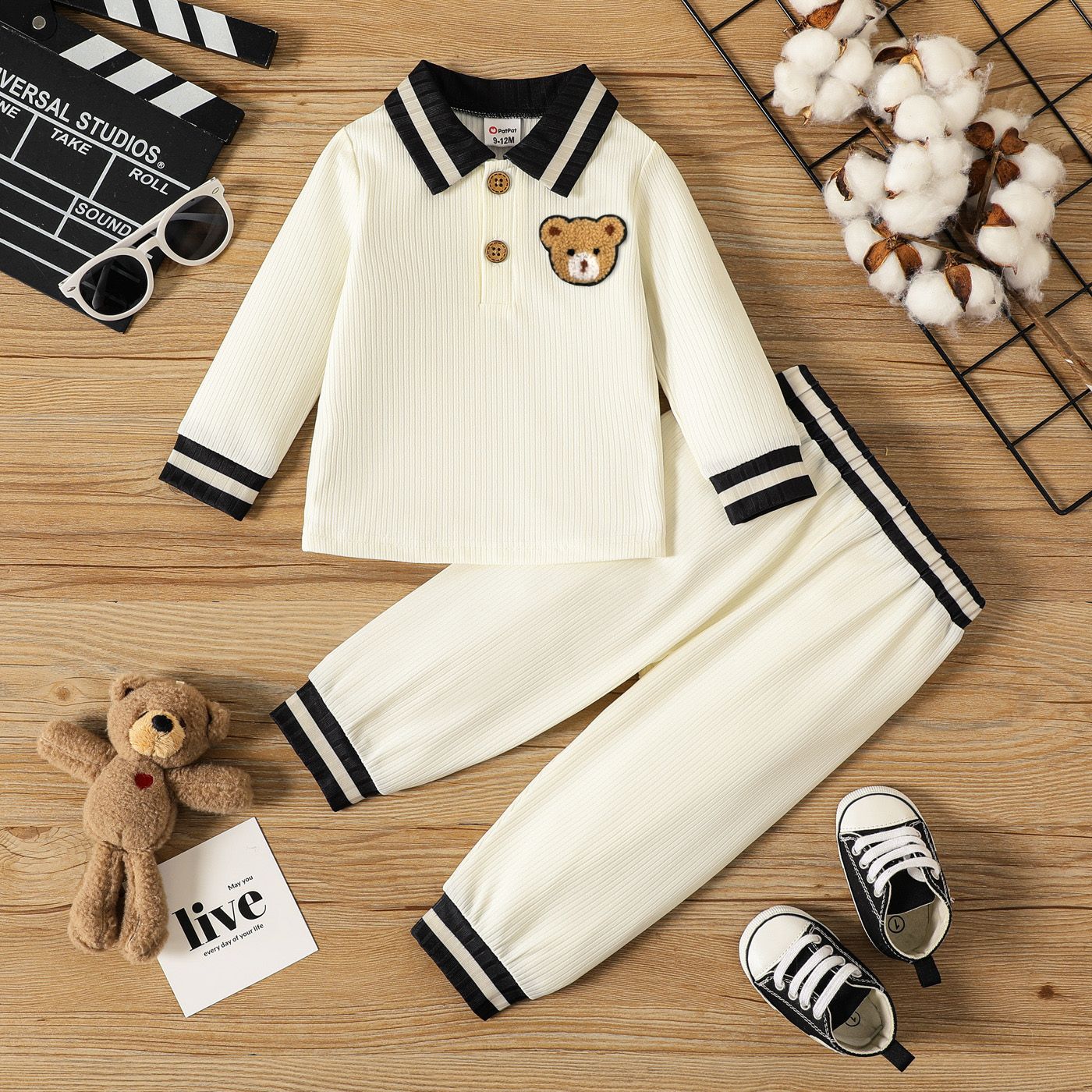 

2pcs Baby Boy Bear Embroidered Contrast Collar Long-sleeve Ribbed Top and Pants Set