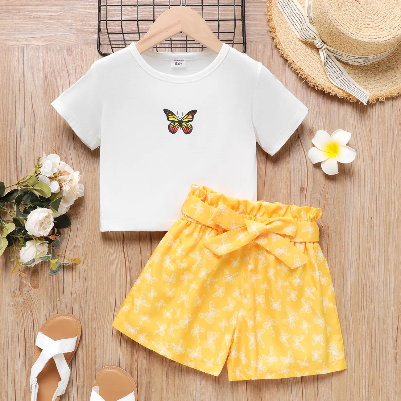 2pcs Kid Girl Butterfly Print Short-sleeve Tee and Belted Shorts Set Yellow big image 1