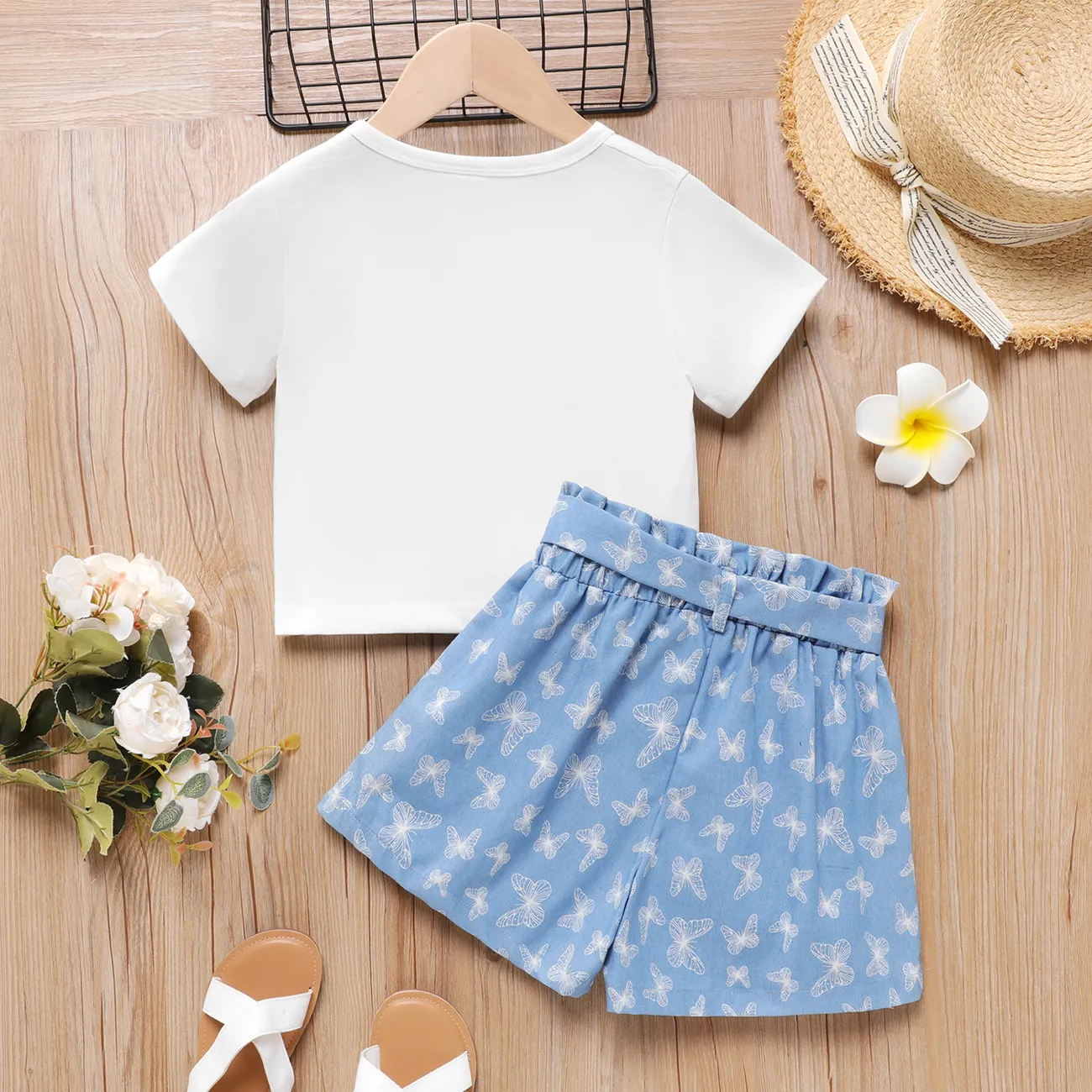 2pcs Kid Girl Butterfly Print Short-sleeve Tee and Belted Shorts Set Blue big image 1