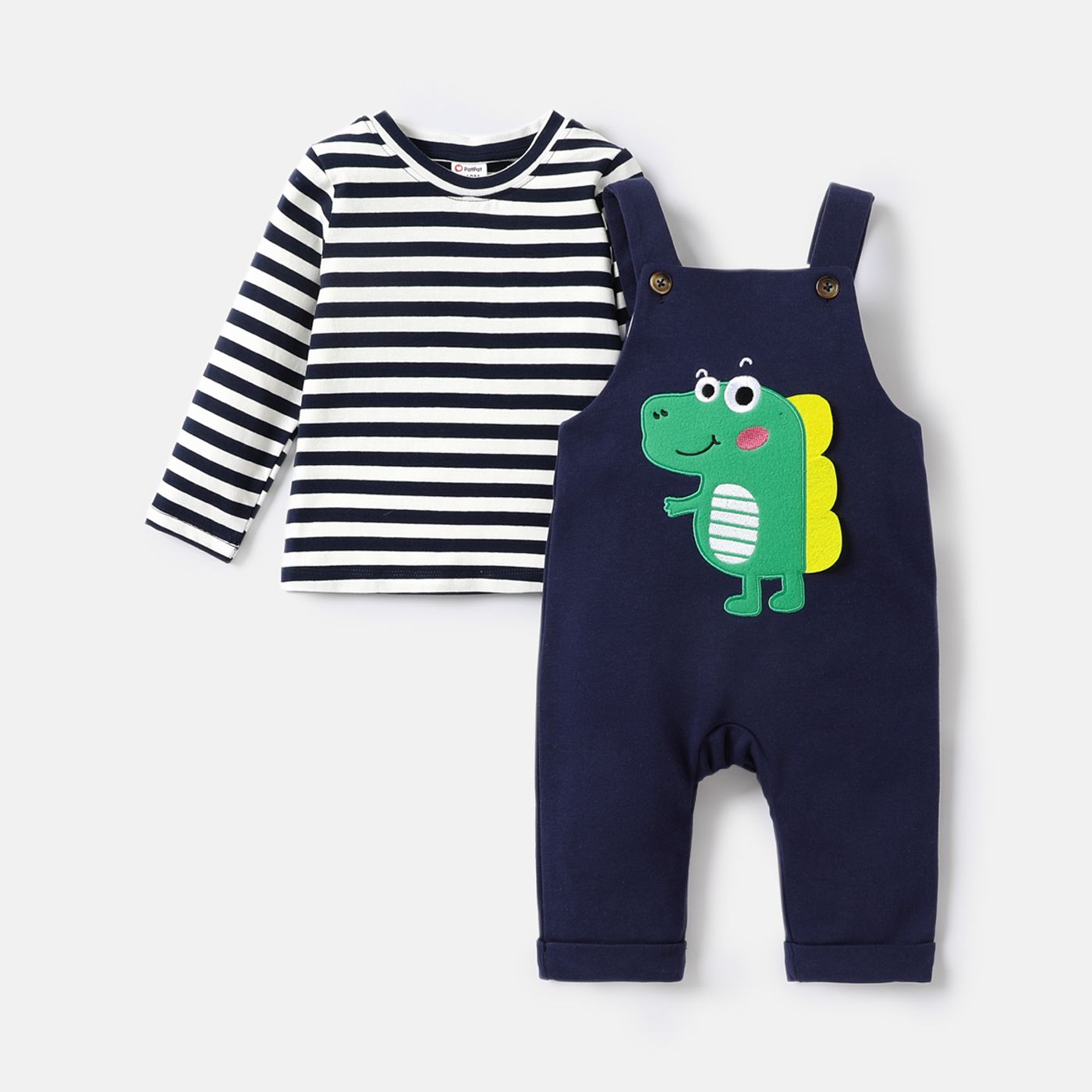 

2pcs Baby Boy 95% Cotton Stripe Long-sleeve Tee and Dinosaur Embroidered Overalls Set