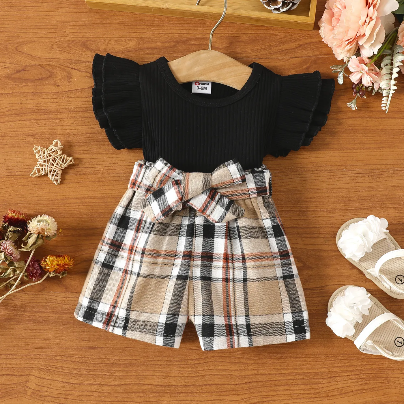 3pcs Baby Girl Solid Cotton Ribbed Flutter-sleeve Top And Plaid Shorts With Belt Set