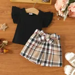 3pcs Baby Girl Solid Cotton Ribbed Flutter-sleeve Top and Plaid Shorts with Belt Set  image 3