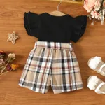 3pcs Baby Girl Solid Cotton Ribbed Flutter-sleeve Top and Plaid Shorts with Belt Set  image 2
