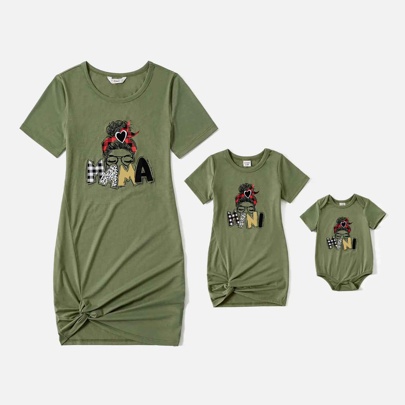 Mommy and Me Cotton Short-sleeve Figure & Letter Print Twist Knot Bodycon T-shirt Dresses