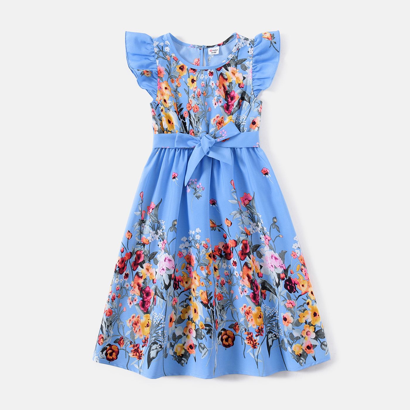 Family Matching Cotton Short-sleeve T-shirts And Floral Print Ruffle-sleeve Belted Dresses Sets