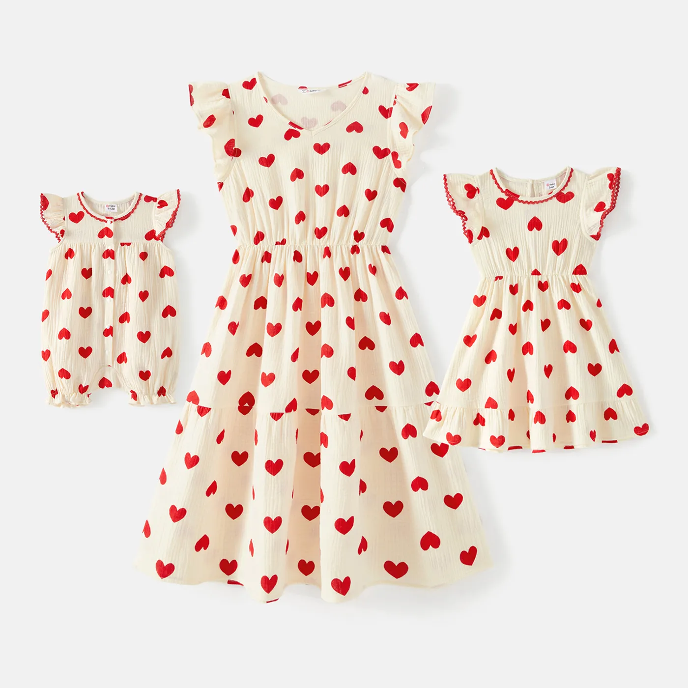 

Mommy and Me 100% Cotton Crepe Allover Heart Print Flutter-sleeve Dresses