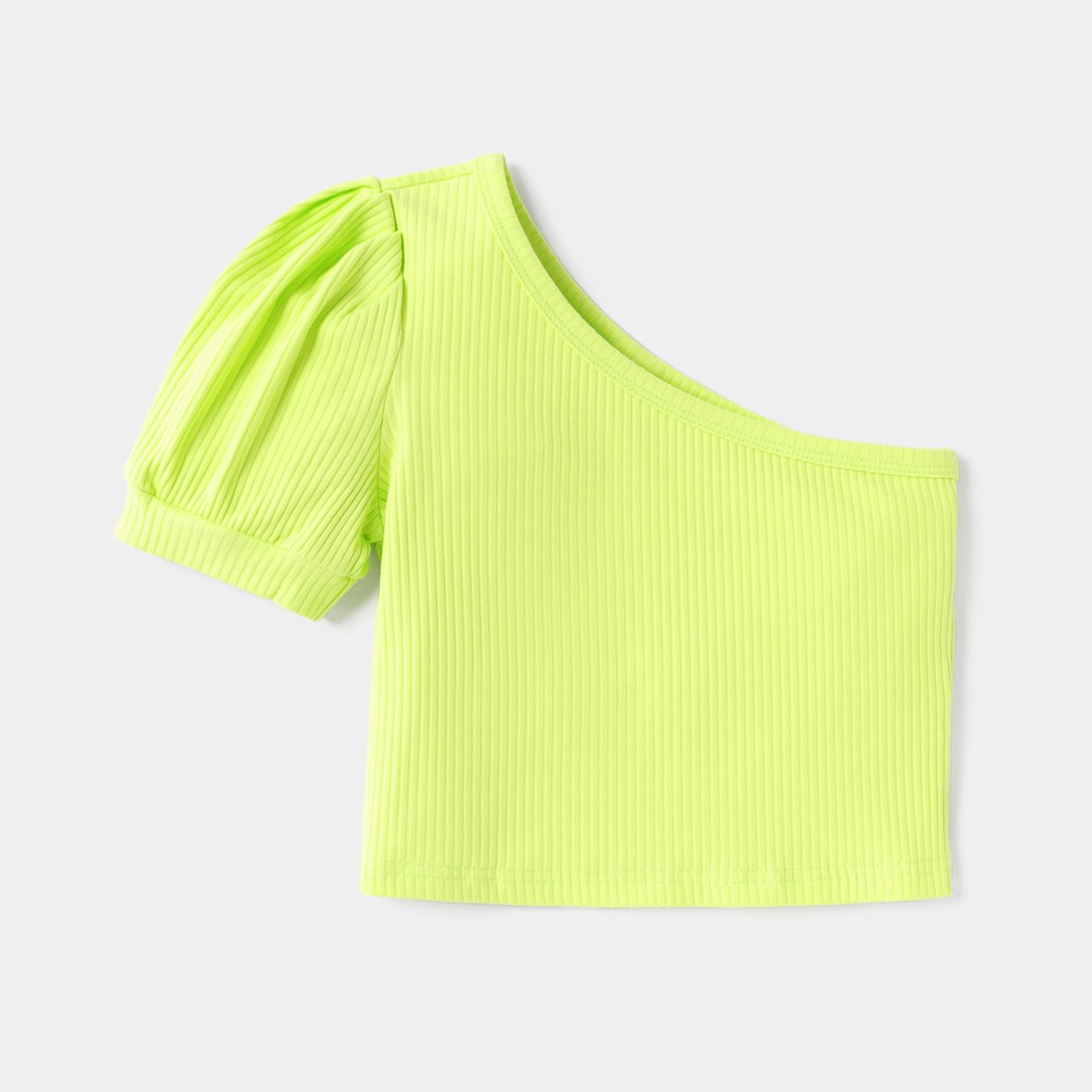 

Kid Girl Solid Color One Ribbed Shoulder Short-sleeve Cotton Tee