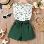 2Pcs Kid Girl Floral Print Ruffled Tank Top and Belted Shorts Set Dark Green