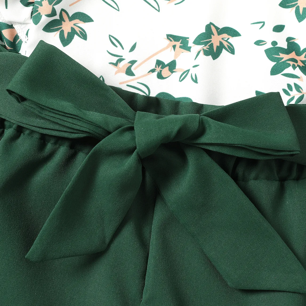 2件 大童 套裝 女 植物花卉 荷葉邊 短袖短褲套裝 深綠 big image 1