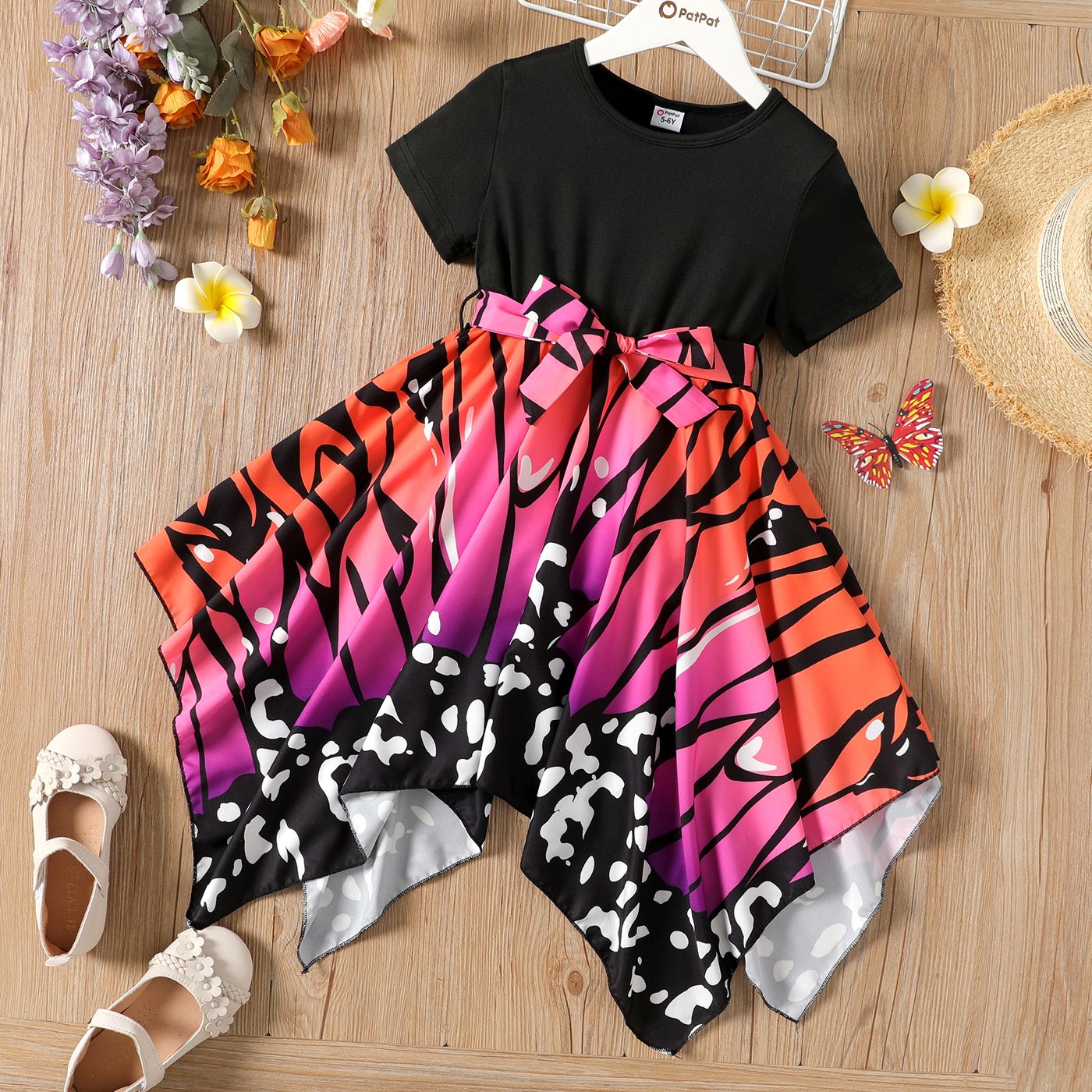 

Kid Girl Butterfly Print Irregular Hem Belted Short-sleeve Dress