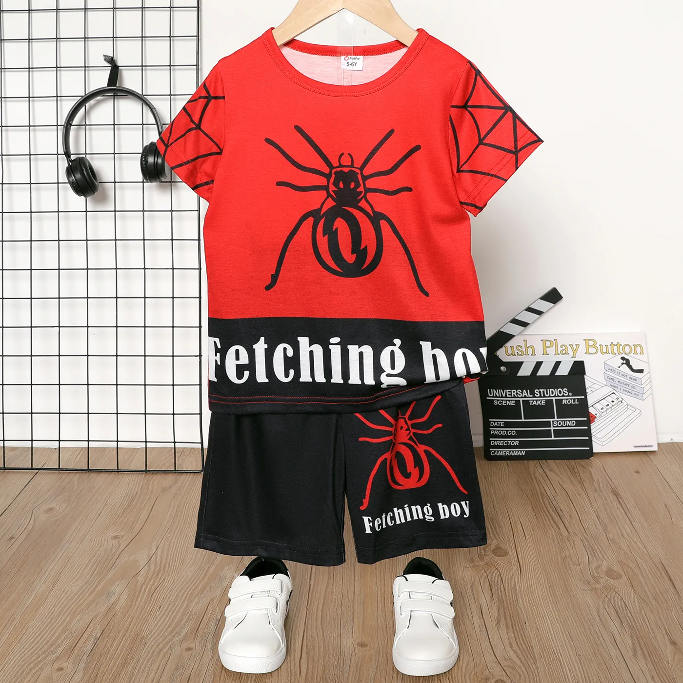 

2pcs Kid Boy Spider Print Colorblock Short-sleeve Tee and Shorts Set