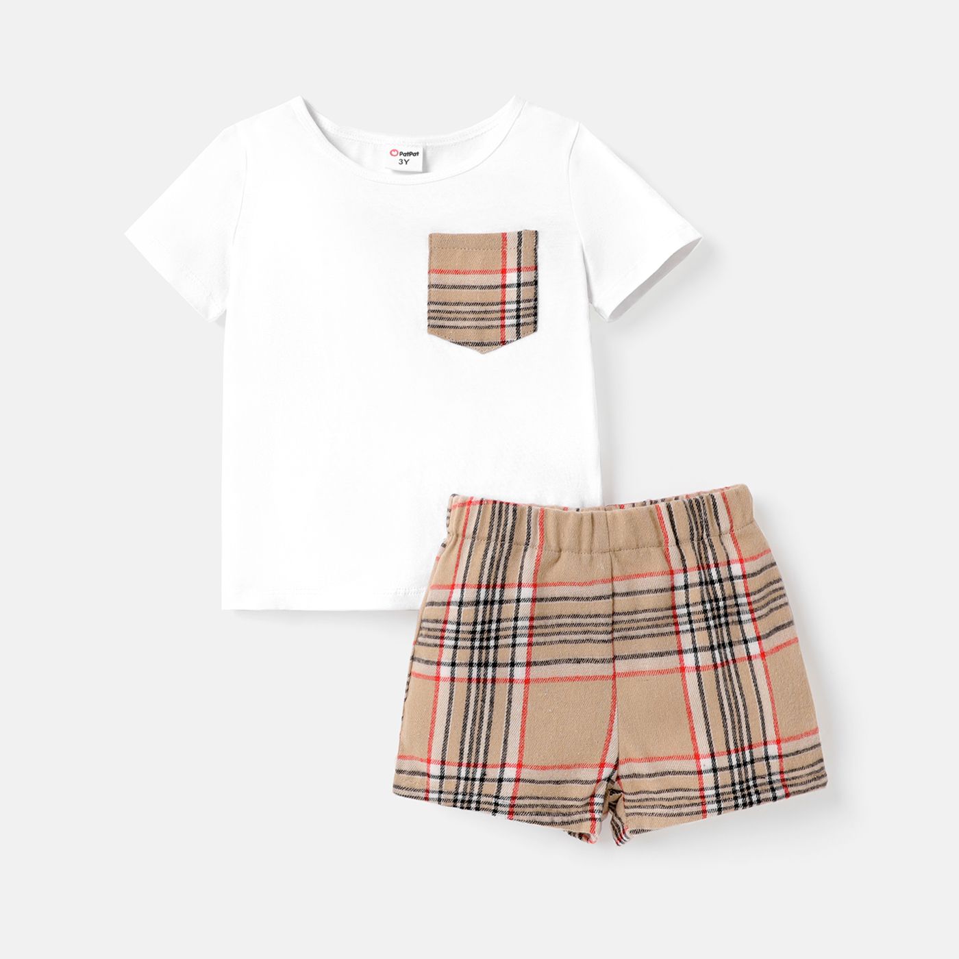 

2pcs Toddler Boy Pocket Design Short-sleeve Cotton Tee and Plaid Shorts Set