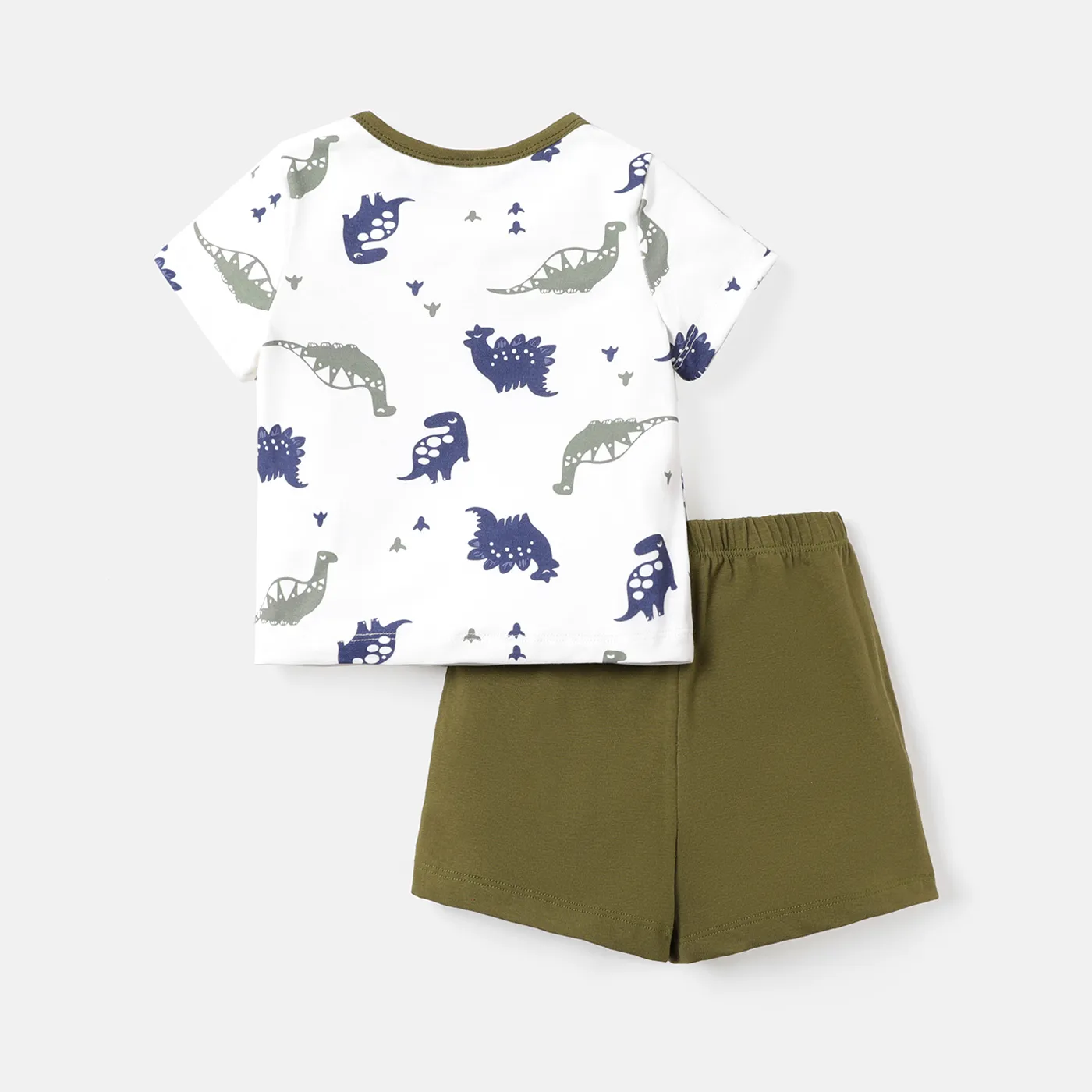 2pcs Baby Boy Solid Cotton Shorts and Allover Dinosaur Print Short-sleeve Naia™ Tee Set Army green image 2