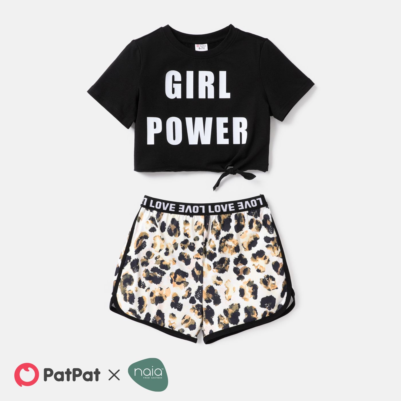 2pcs Kid Girl Naia Letter Print Short-sleeve Tee And Leopard Print Shorts Set