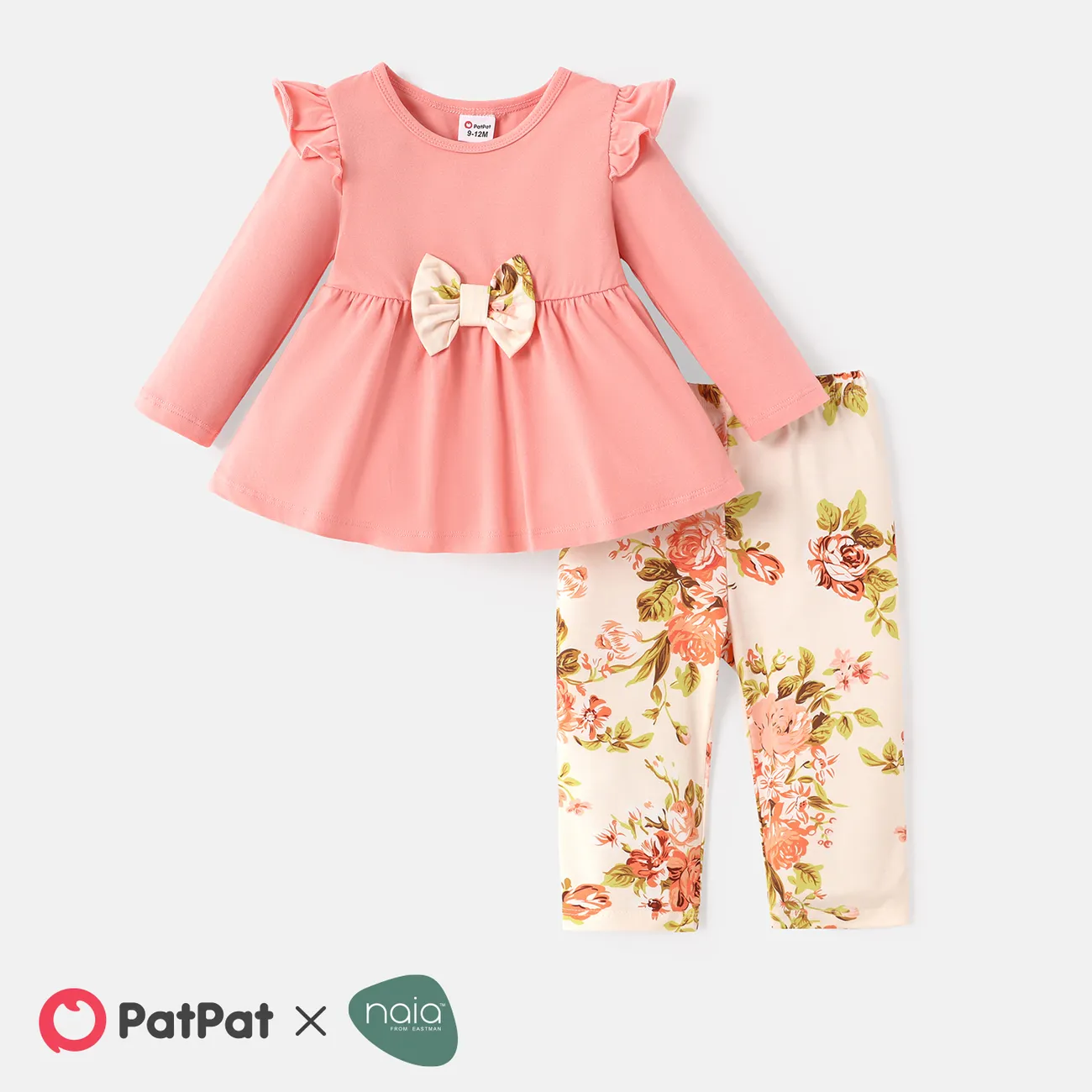 2pcs Baby Girl Solid Cotton Ruffle Trim Bow Front Long-sleeve Top and Floral Print Naia™ Pants Set Pink big image 1