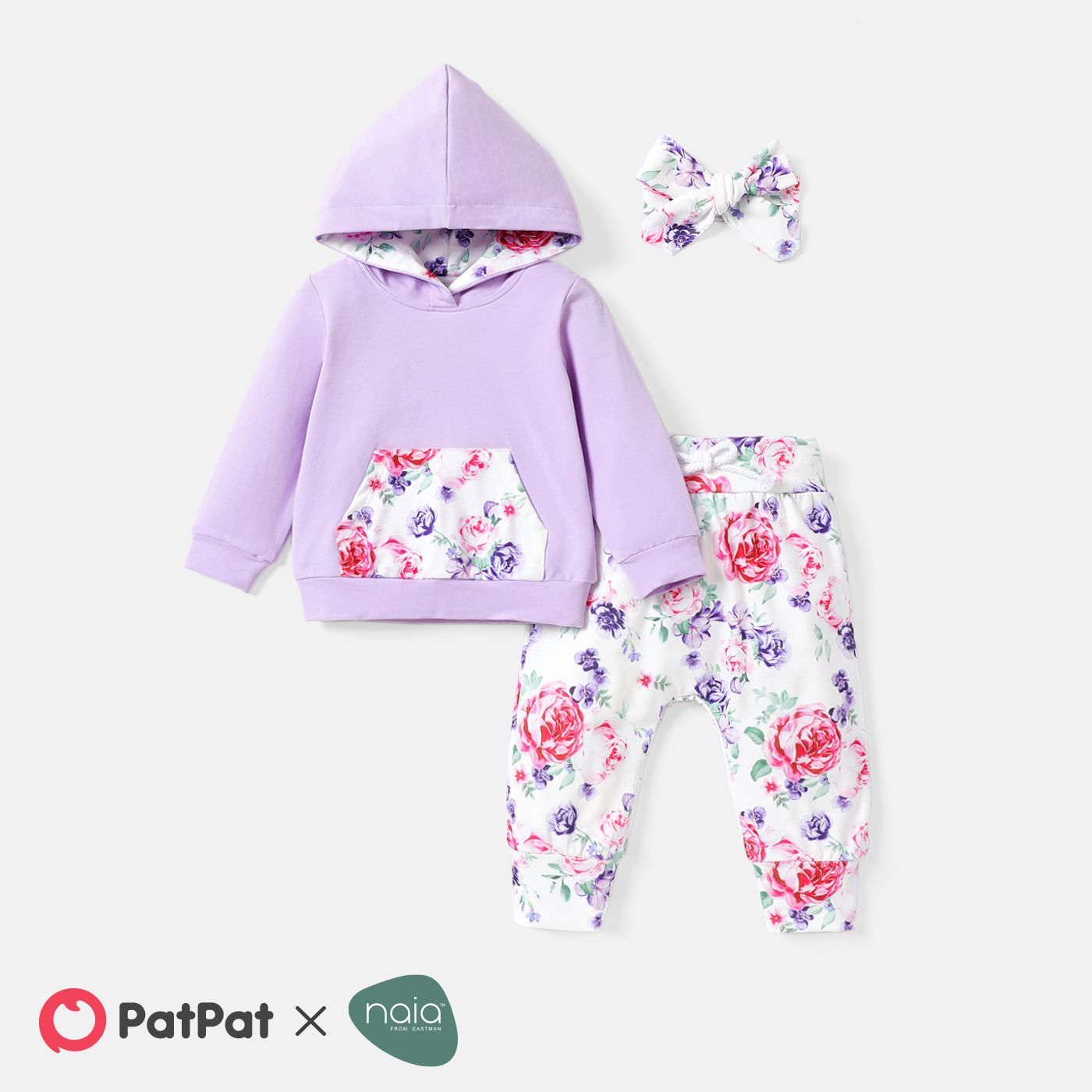 

3pcs Baby Girl Long-sleeve Spliced Hoodie and Floral Print Naia™ Pants & Headband Set