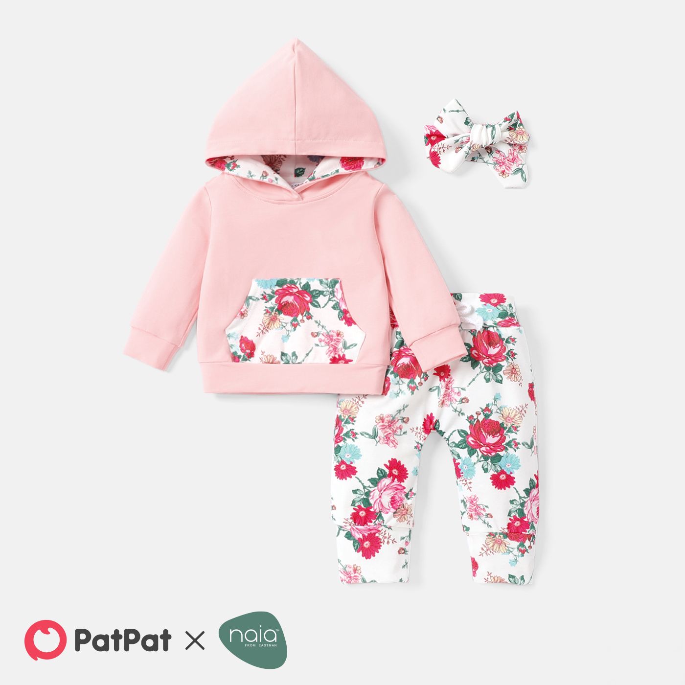 

3pcs Baby Girl Long-sleeve Spliced Hoodie and Floral Print Naia™ Pants & Headband Set