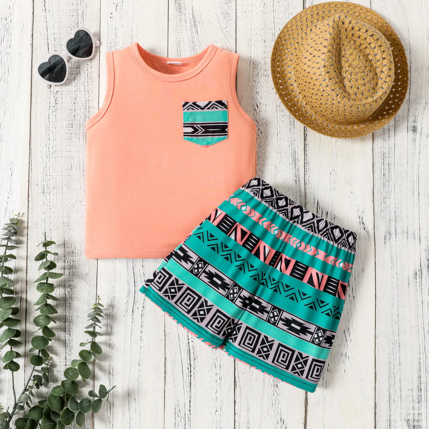 2pcs Toddler Boy Trendy Pocket Design Tank Top and Exotic Shorts Set  big image 1
