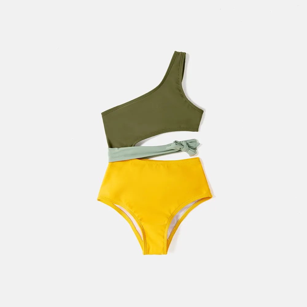 Family Matching Colorblock One Shoulder One-piece Swimsuit and Swim Trunks  big image 6