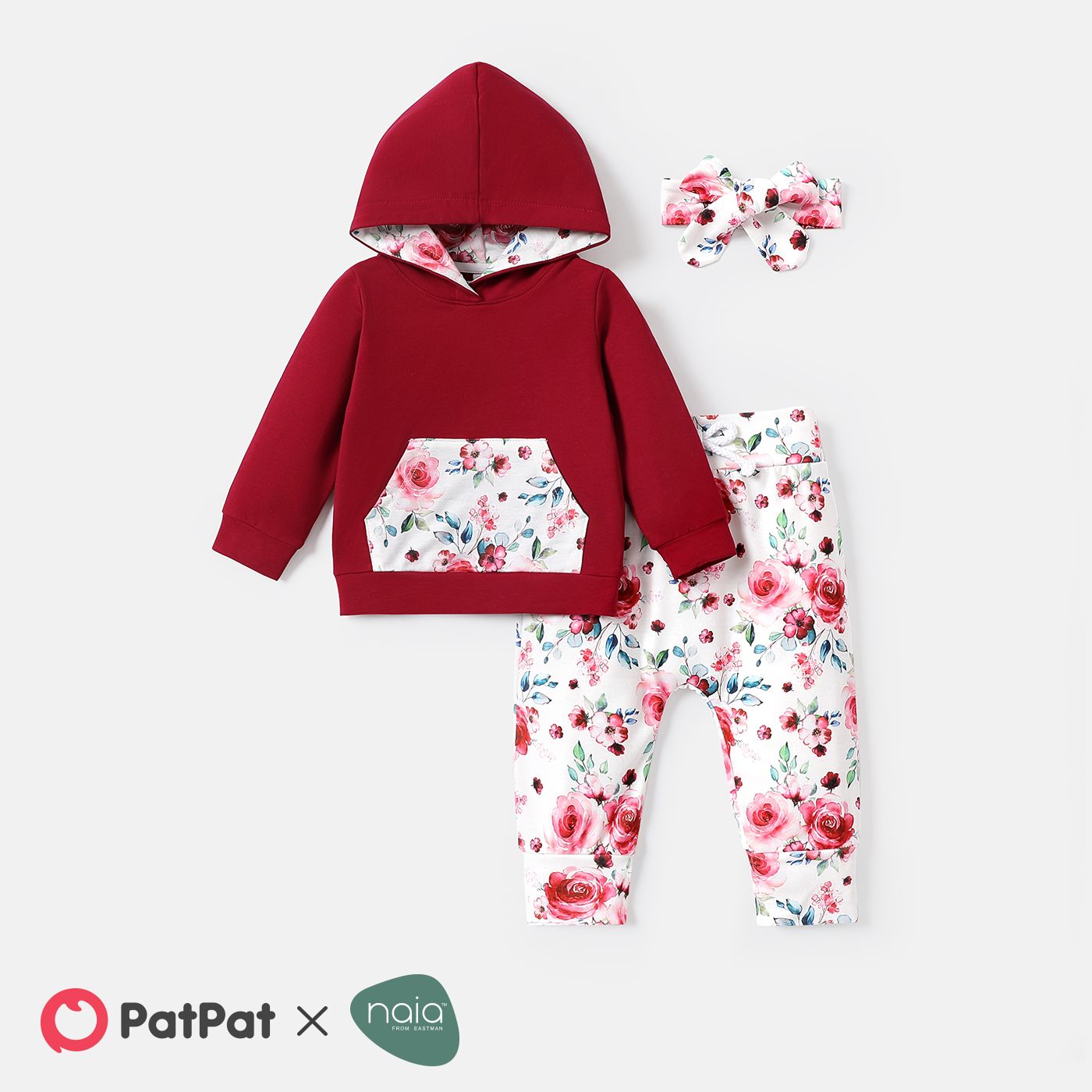 

3pcs Baby Girl Long-sleeve Spliced Hoodie and Floral Print Naia™ Pants & Headband Set