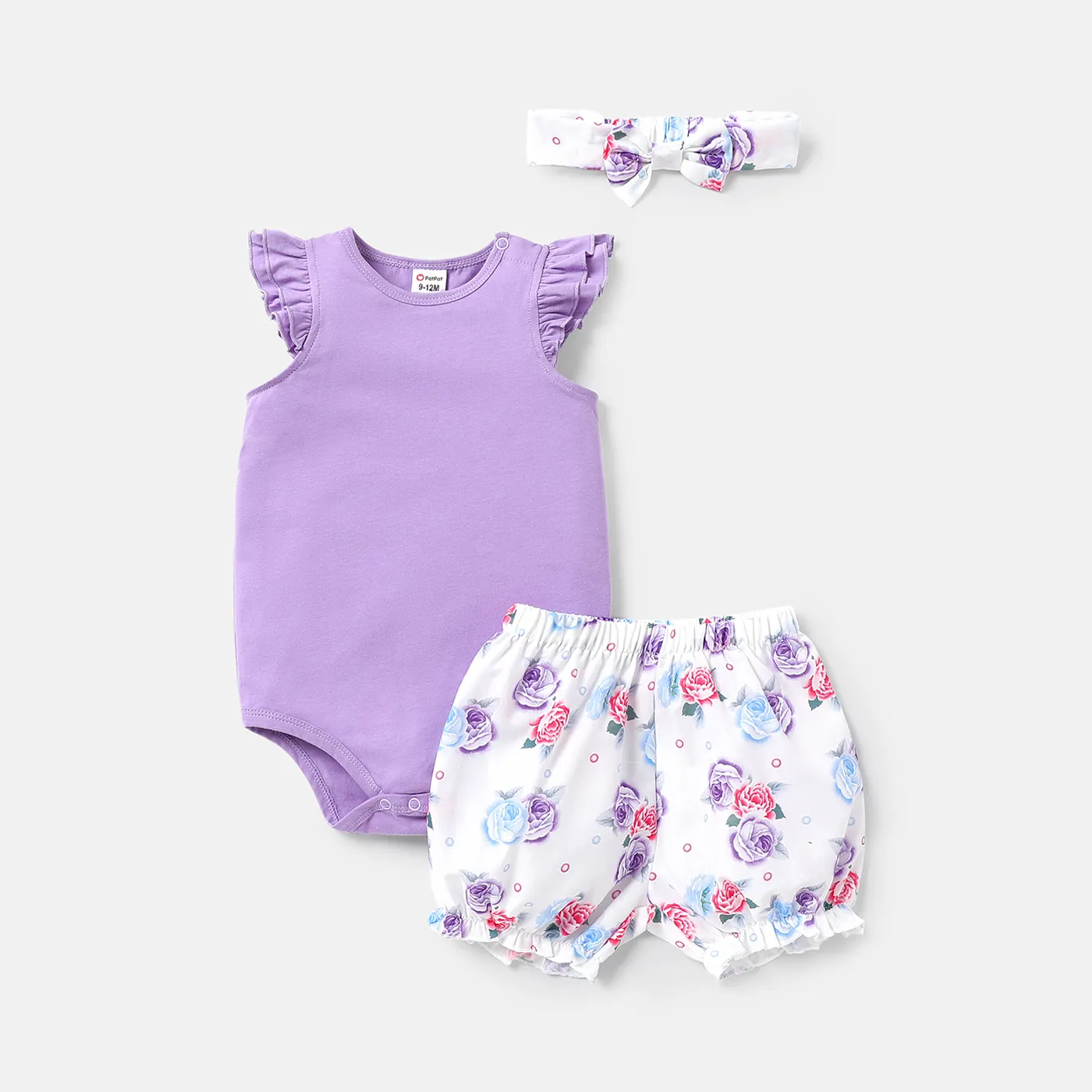 3pcs Baby Girl 100% Cotton Ruffle-sleeve Romper and Floral Print Shorts & Headband Set Purple big image 1