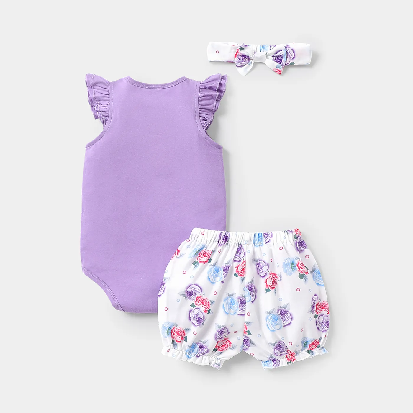 3pcs Baby Girl 100% Cotton Ruffle-sleeve Romper and Floral Print Shorts & Headband Set Purple image 2
