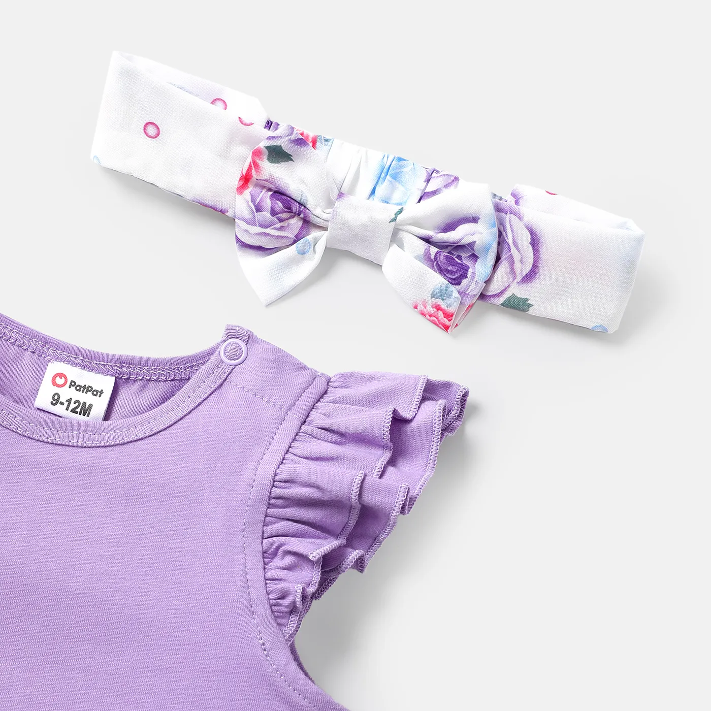 3pcs Baby Girl 100% Cotton Ruffle-sleeve Romper and Floral Print Shorts & Headband Set Purple image 3