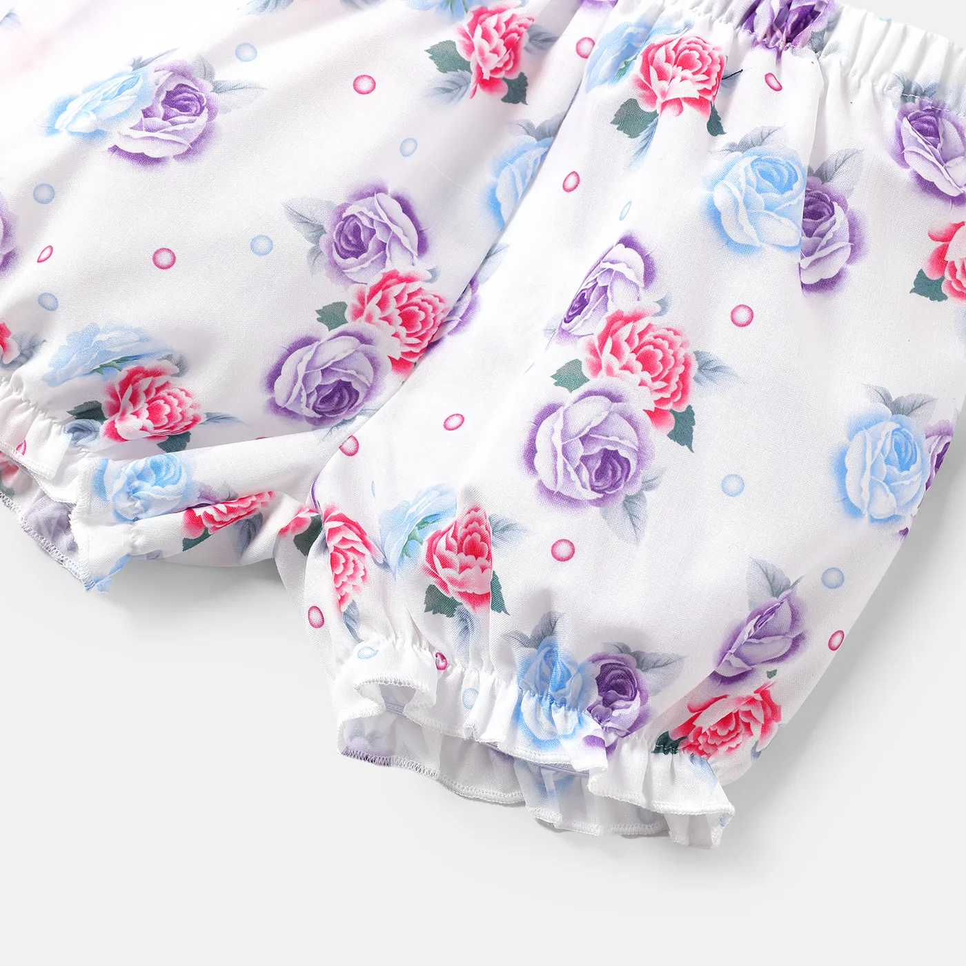 3pcs Baby Girl 100% Cotton Ruffle-sleeve Romper and Floral Print Shorts & Headband Set Purple image 4