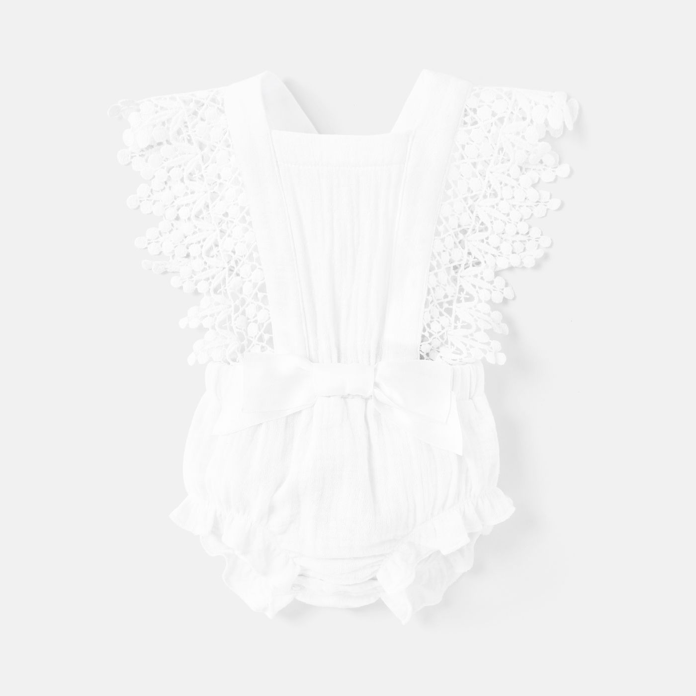 Baby Girl 100% Cotton Crepe Lace Design Bow Front Ruffle Trim Romper