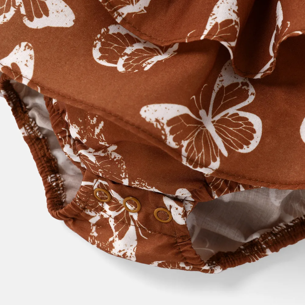 2pcs Baby Girl Allover Butterfly Print Layered Ruffle Trim Shirred Cami Romper & Headband Set  big image 6