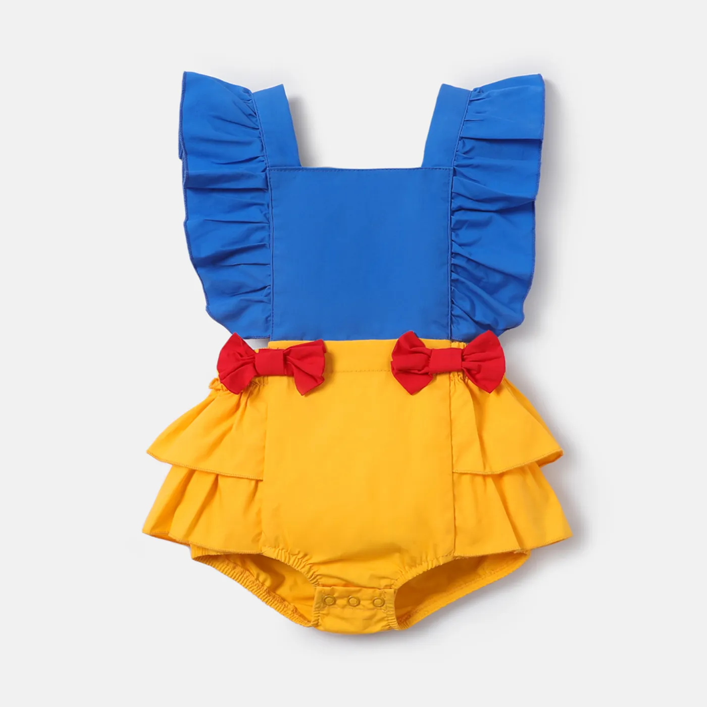 Baby Girl 100% Cotton Bow Front Ruffle Trim Colorblock Spliced Romper  big image 1
