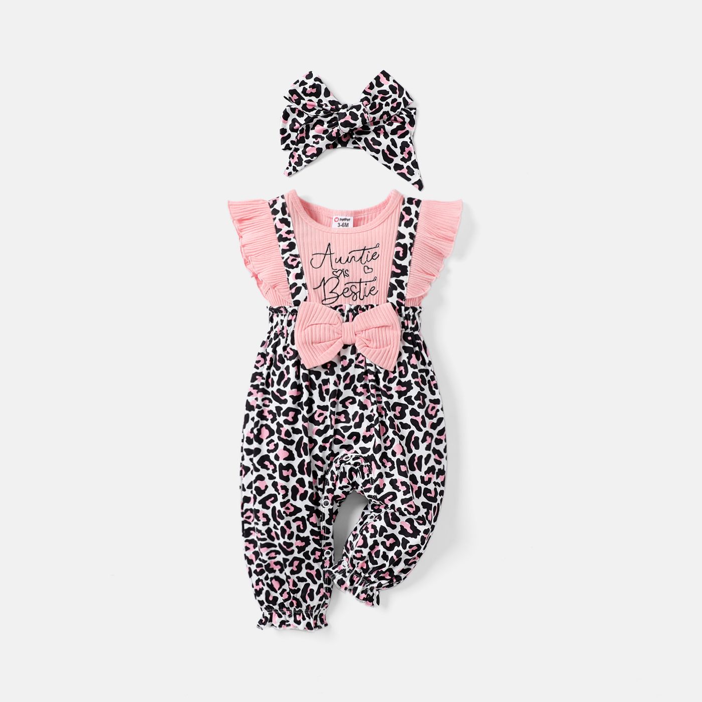 2pcs Baby Girl Letter Embroidered Solid & Leopard-print Spliced Ribbed Ruffle-sleeve Bow Front Jumps