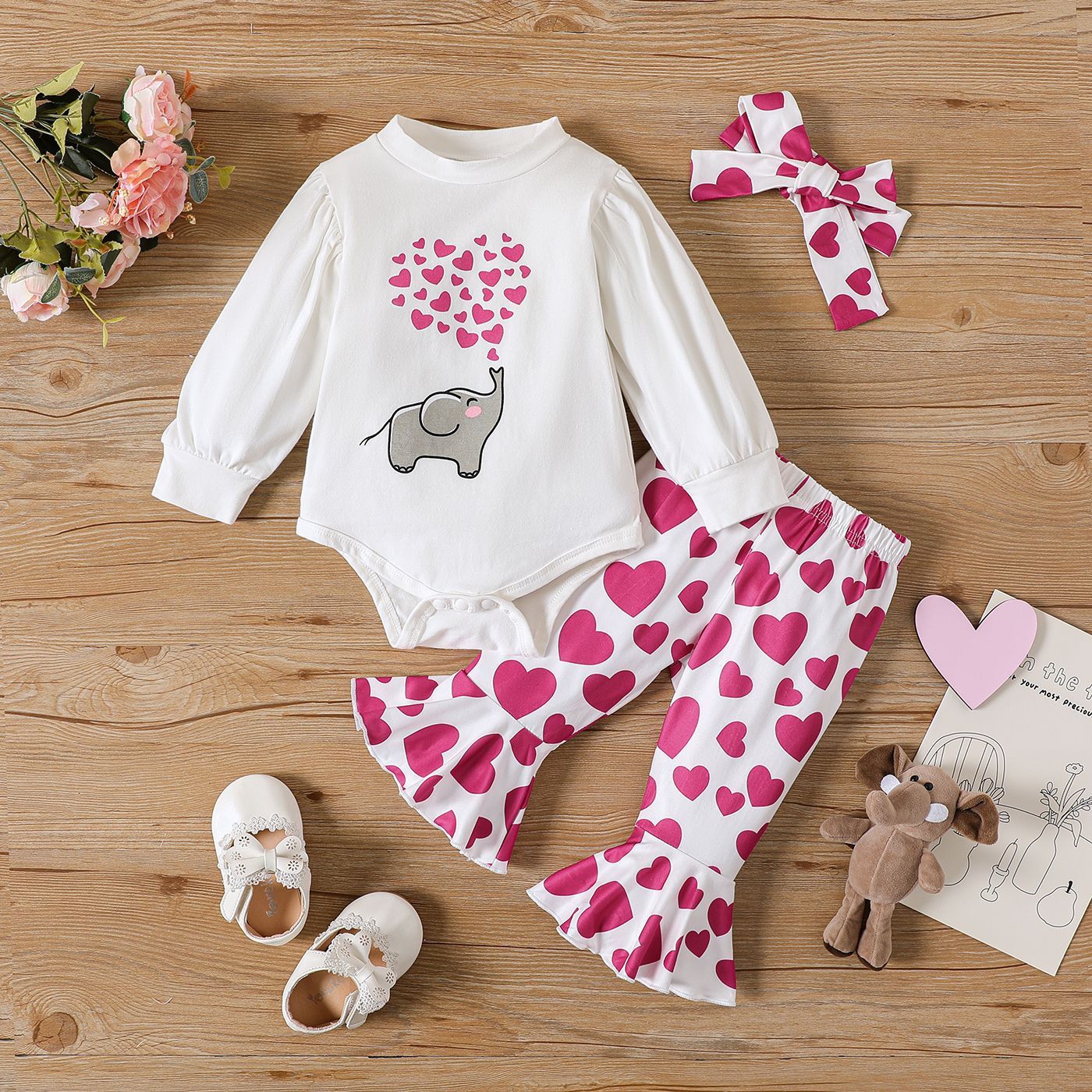 3pcs Baby Girl 95% Cotton Long-sleeve Elephant Graphic Romper and Allover Heart Print Flared Pants &