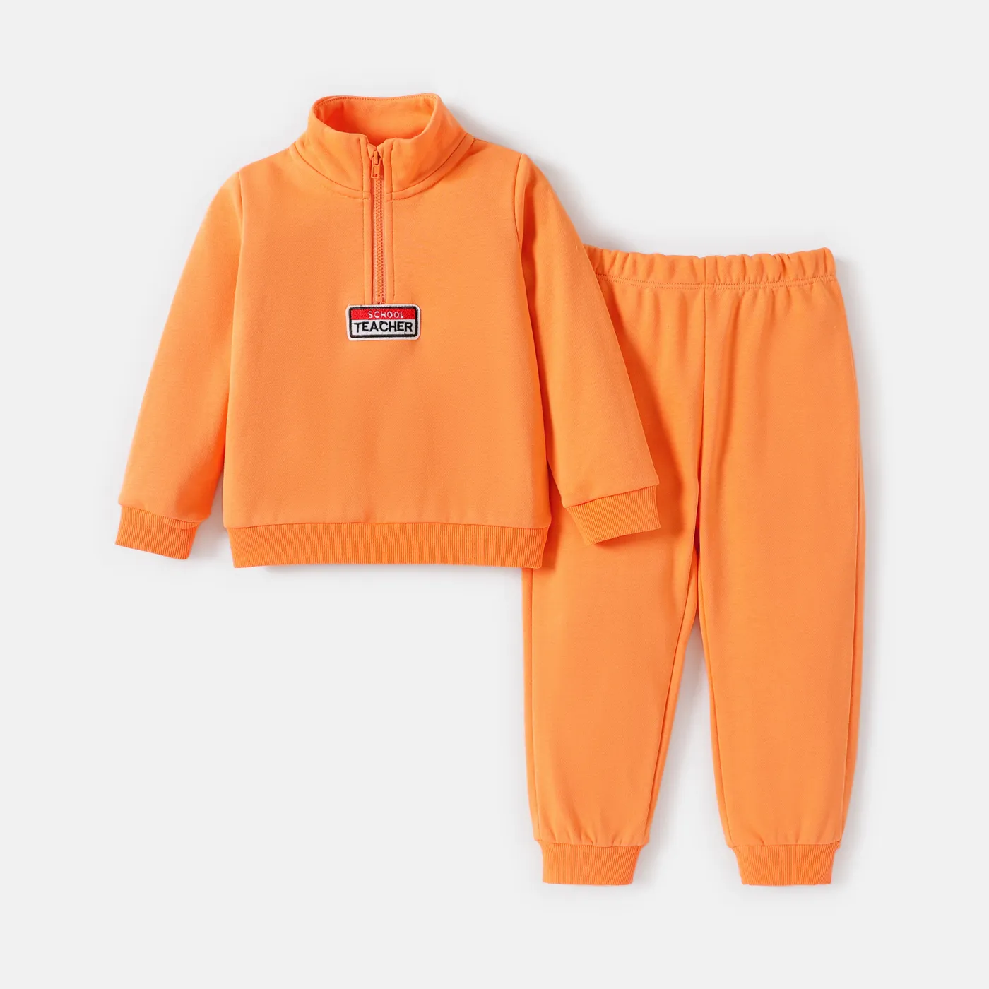 2pcs Toddler Boy Zipper Design Letter Embroidered Sweatshirt and Pants Set Orange big image 1