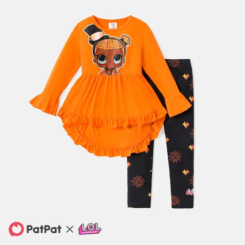 L.O.L. SURPRISE! 2pcs Kid Girl Characters Print Ruffled High Low Long-sleeve Tee and Allover Print Leggings Set