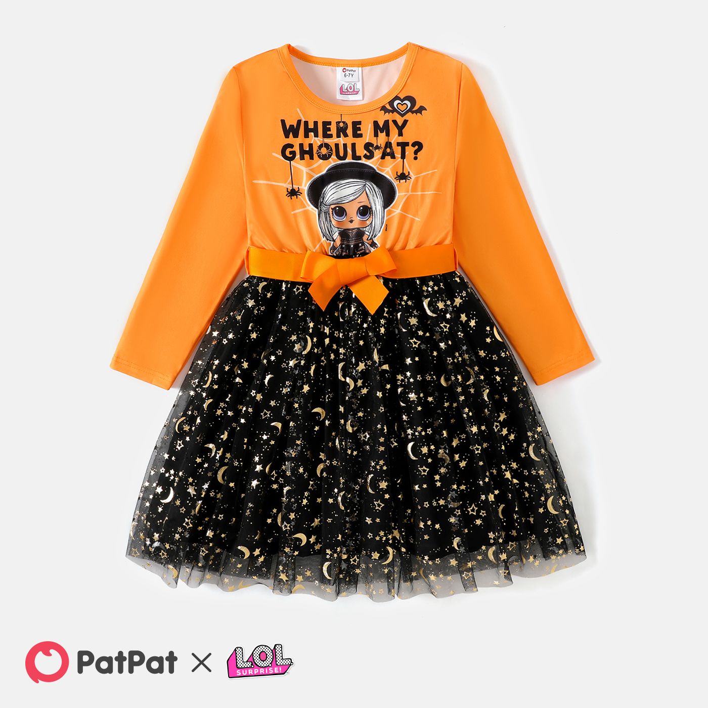 

L.O.L. SURPRISE! Kid Girl Halloween Graphic Print Stars Moon Glitter Design Mesh Splice Long-sleeve Dress