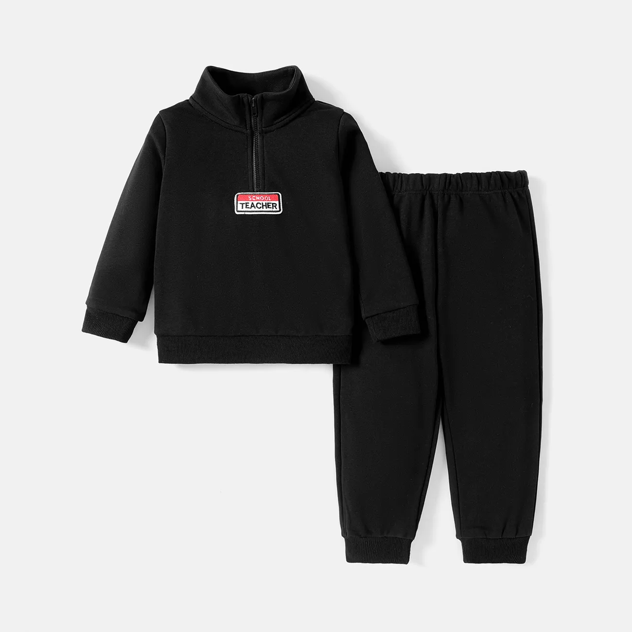 2pcs Toddler Boy Zipper Design Letter Embroidered Sweatshirt and Pants Set Black big image 1