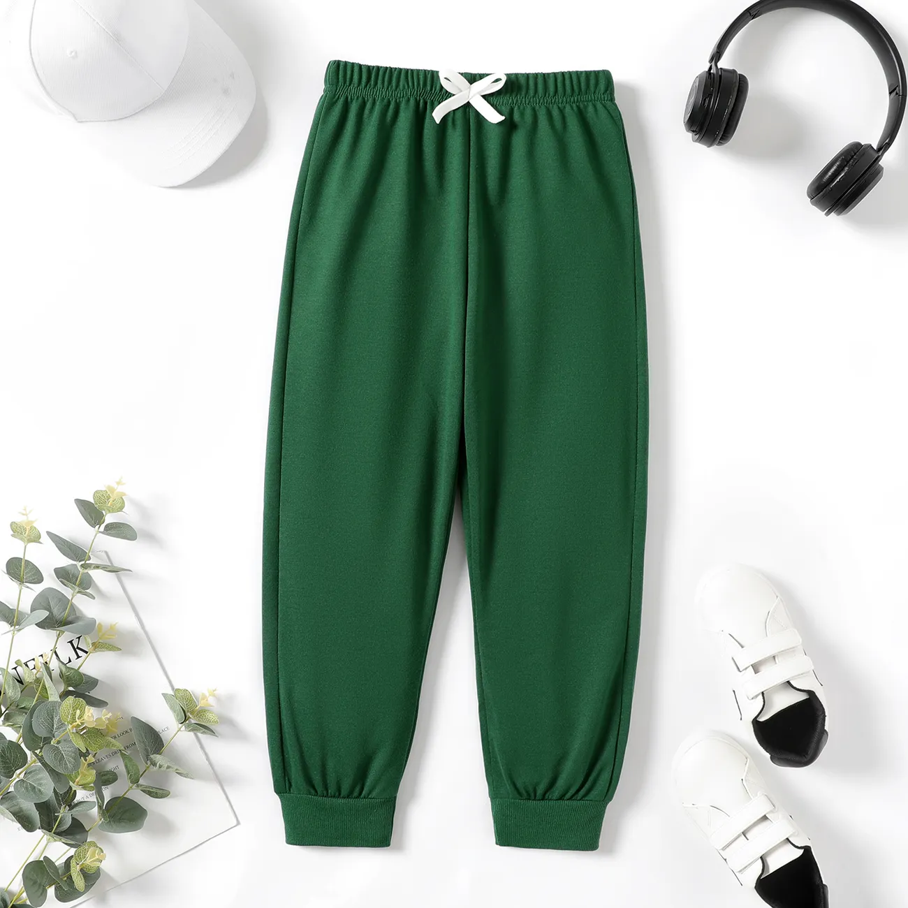 calça elástica de cor sólida menino/menina Exército Verde big image 1