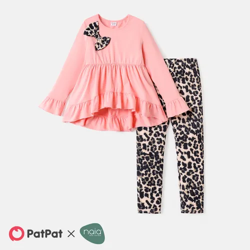 2pcs Kid Girl Naia 3D Bowknot Design High Low Tee and Leopard Print Leggings Set