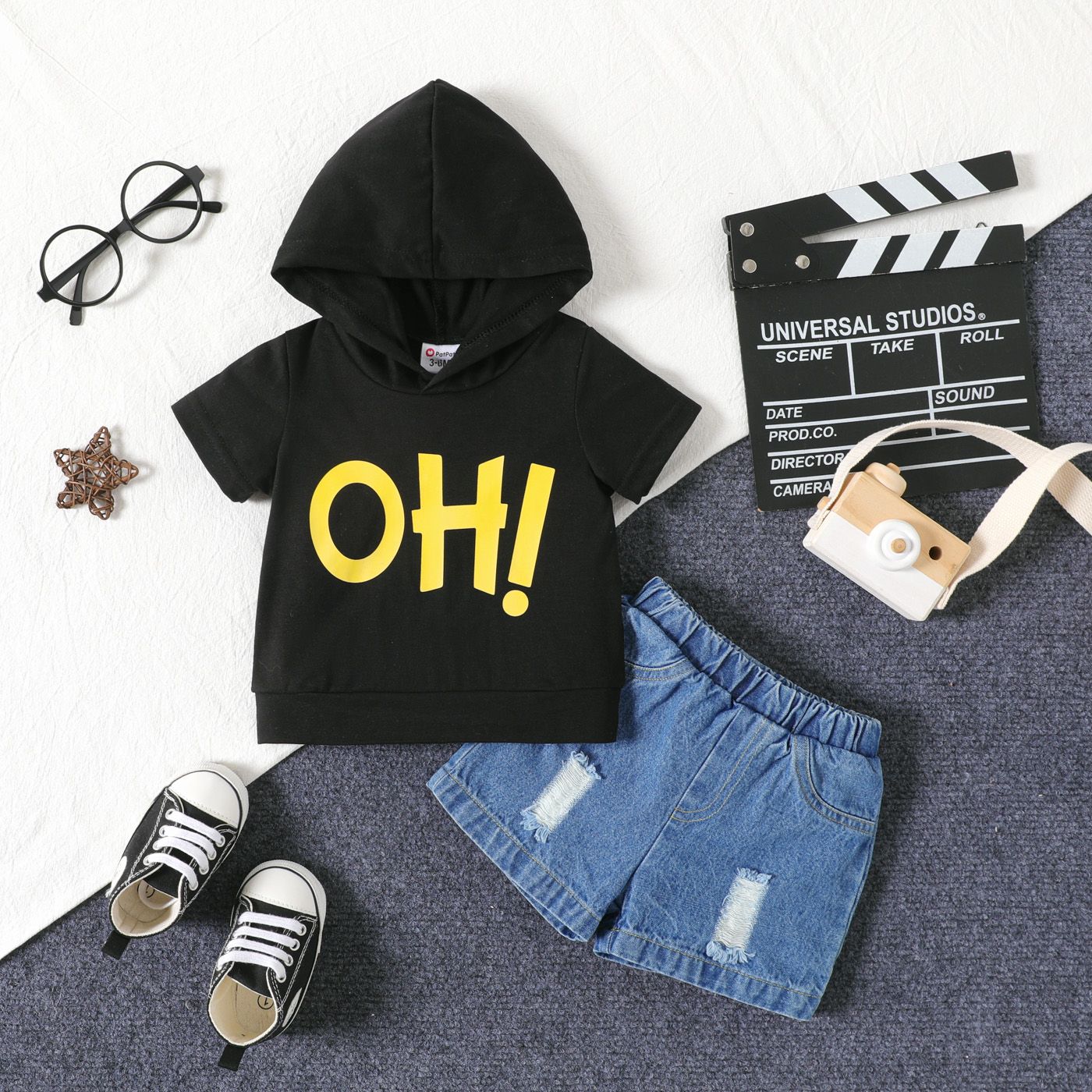 

2pcs Baby Boy 100% Cotton Ripped Denim Shorts and Letter Print Hooded Short-sleeve Tee Set