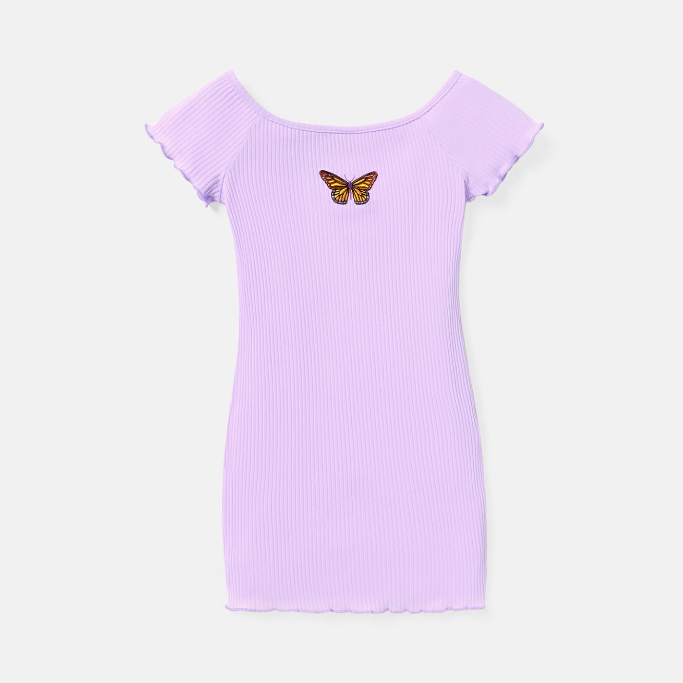 

Kid Girl Butterfly Print Ribbed Lettuce Trim Short-sleeve Cotton Dress