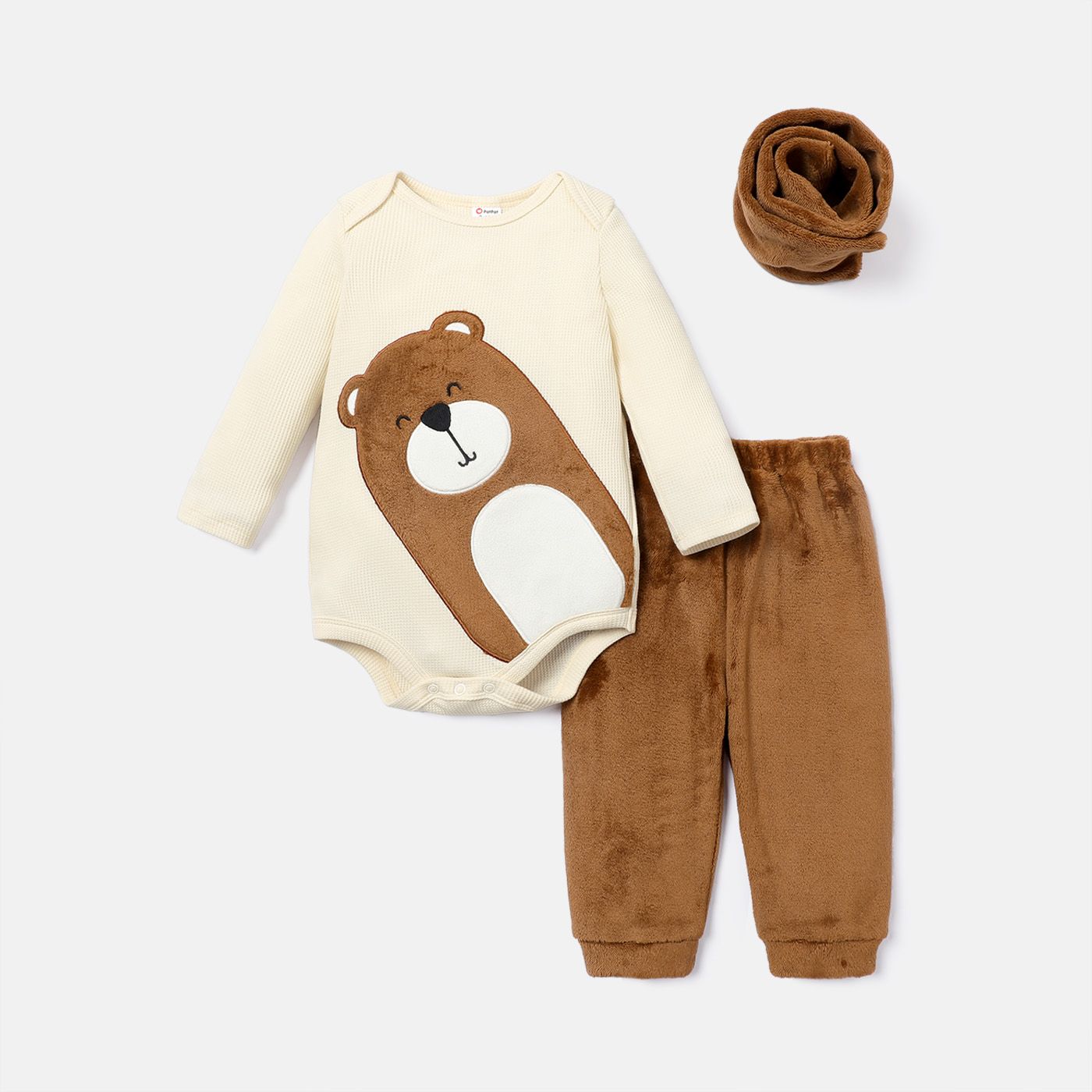 

3pcs Baby Boy Bear Graphic Long-sleeve Romper and Solid Fleece Pants & Scarf Set
