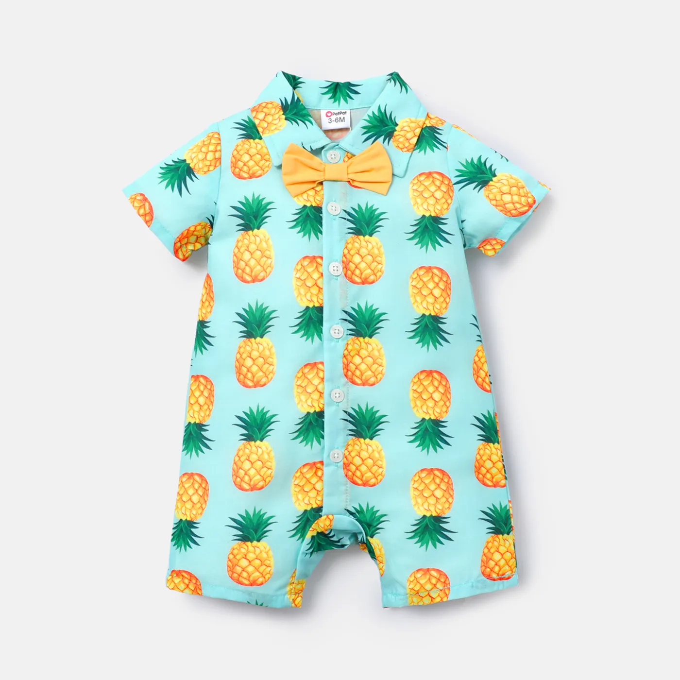 Baby Boy Pineapple Print Lapel Collar Bow tie Design Short-sleeve Rompers Mintblue big image 1