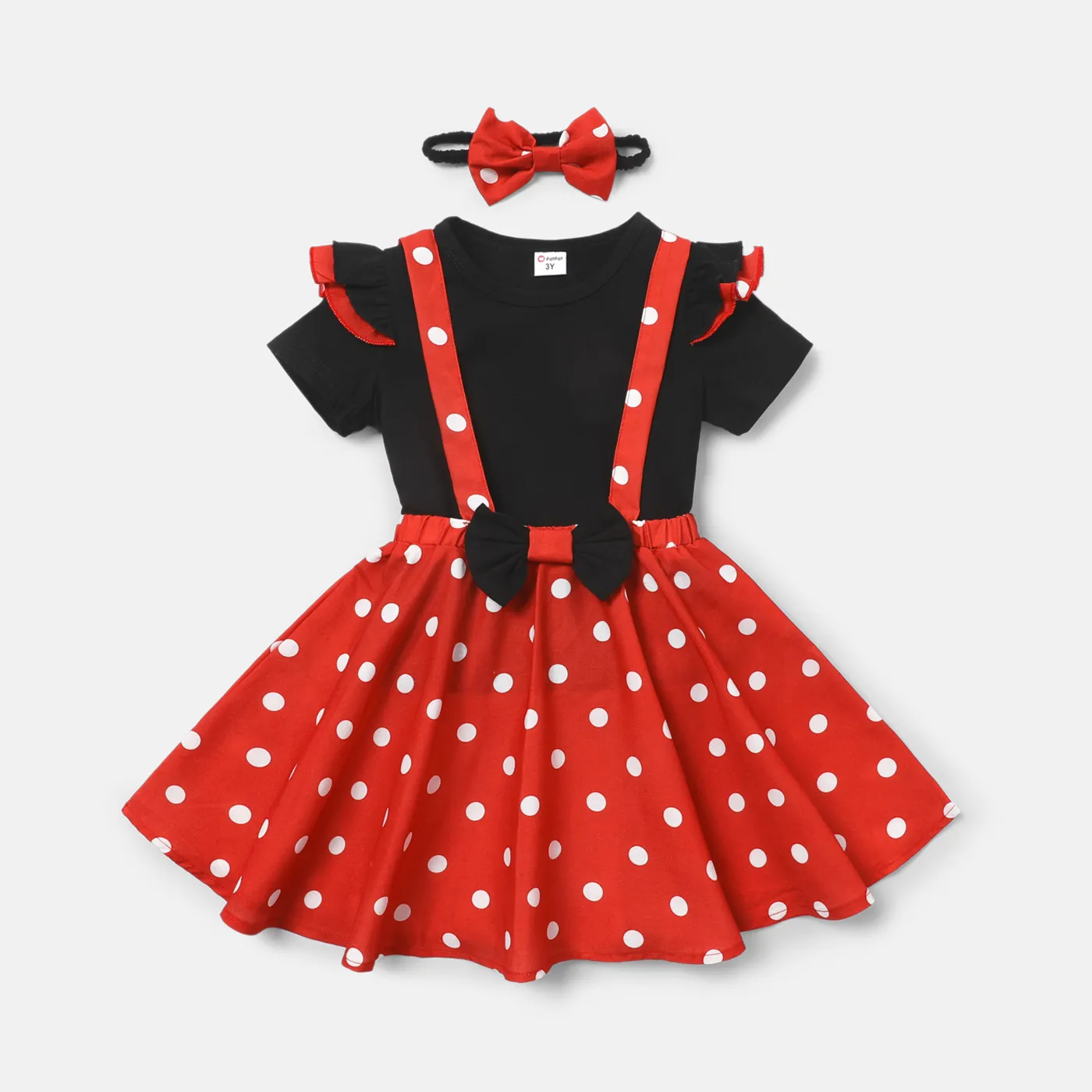 

2pcs Toddler Girl Ruffled Short-sleeve Cotton Te and Polka dots Suspender Skirt Set