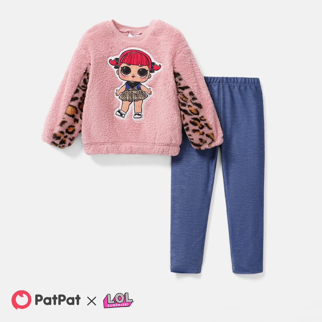 L.O.L. SURPRISE! 2pcs Toddler Girl 100% Cotton Leopard Print Splice Fleece Sweatshirt and Leggings Set Light Pink big image 1