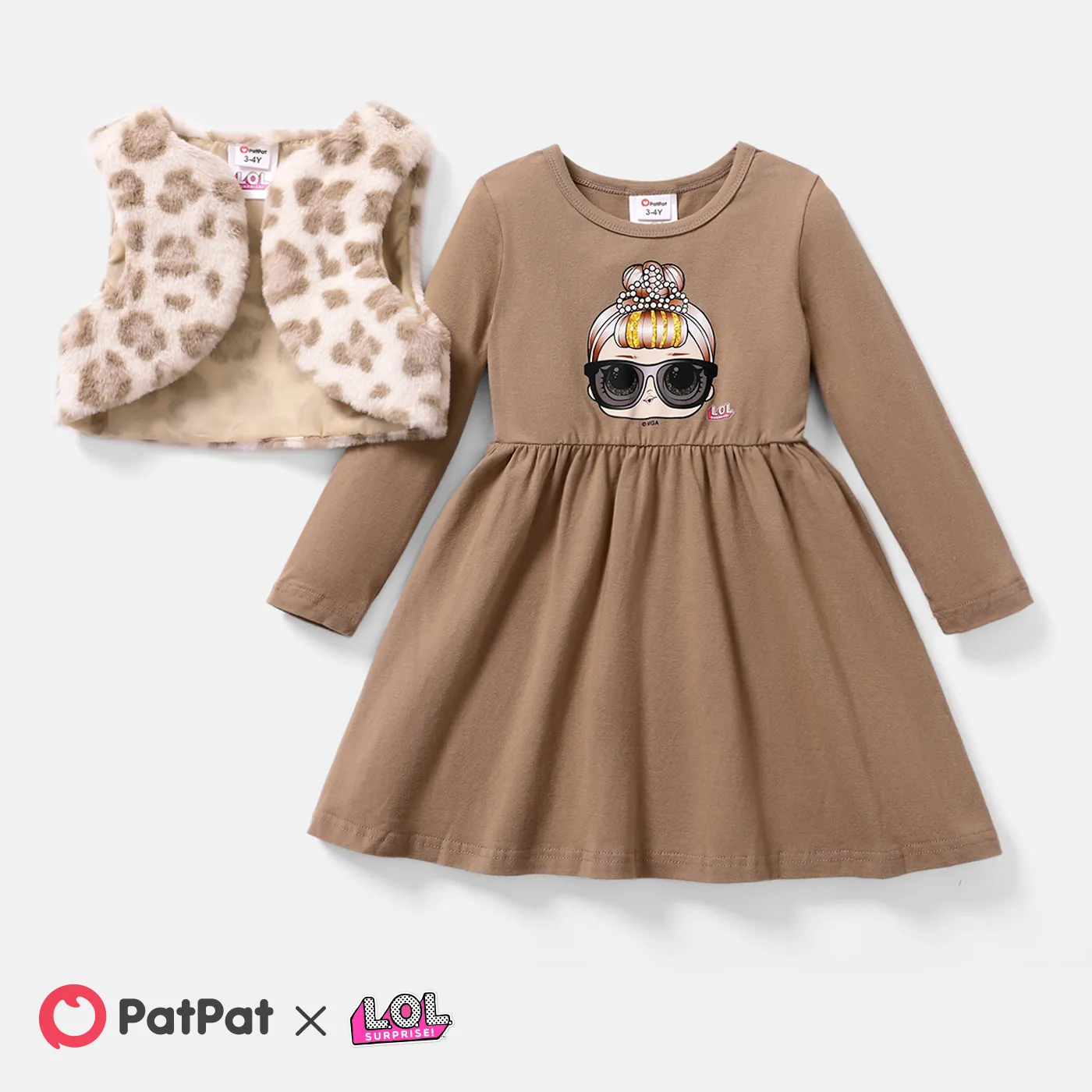 L.O.L. SURPRISE! 2pcs Toddler Girl Character Print Dress and Leopard Fleece Vest Set