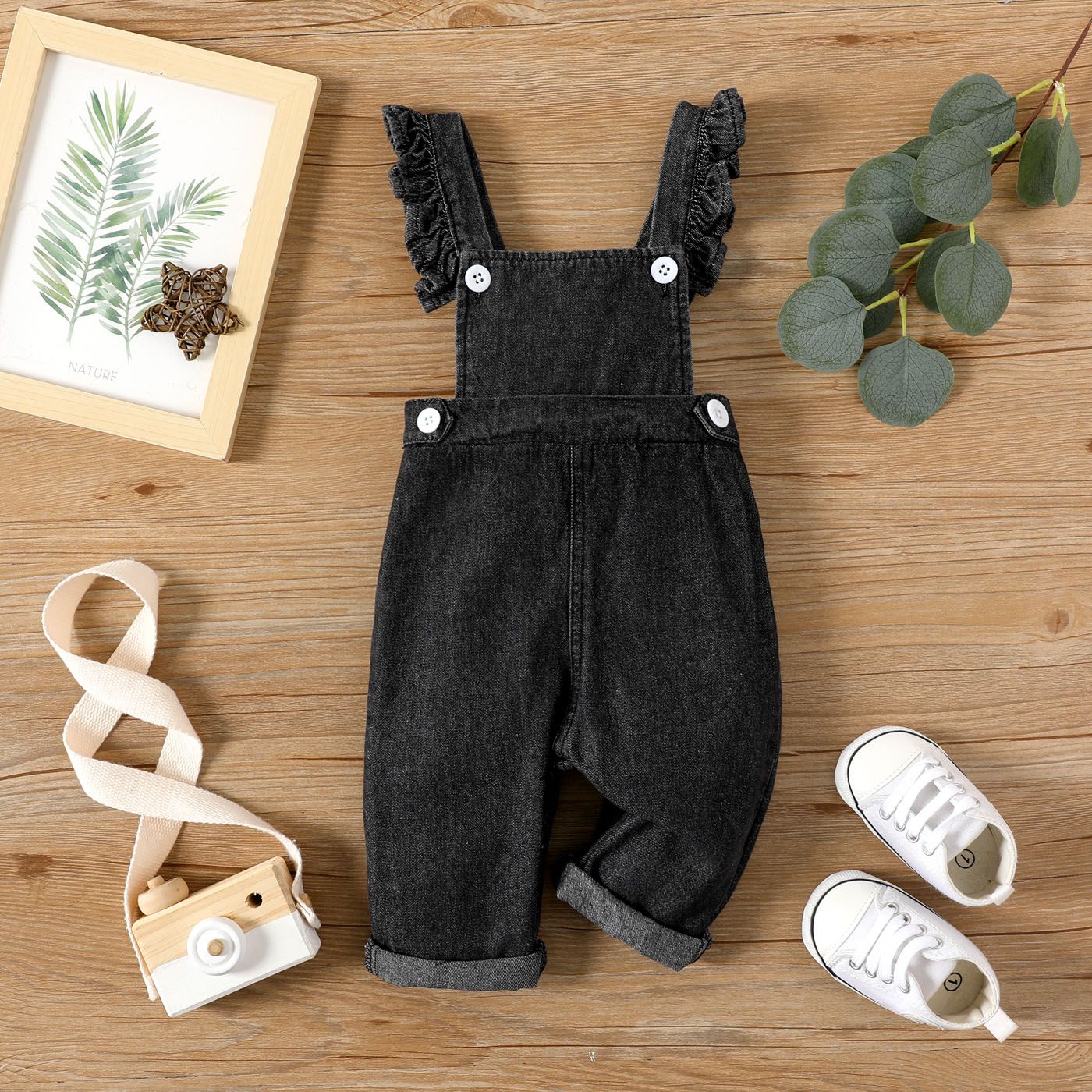 

Baby Girl Solid Ruffle Trim Denim Overalls Pants