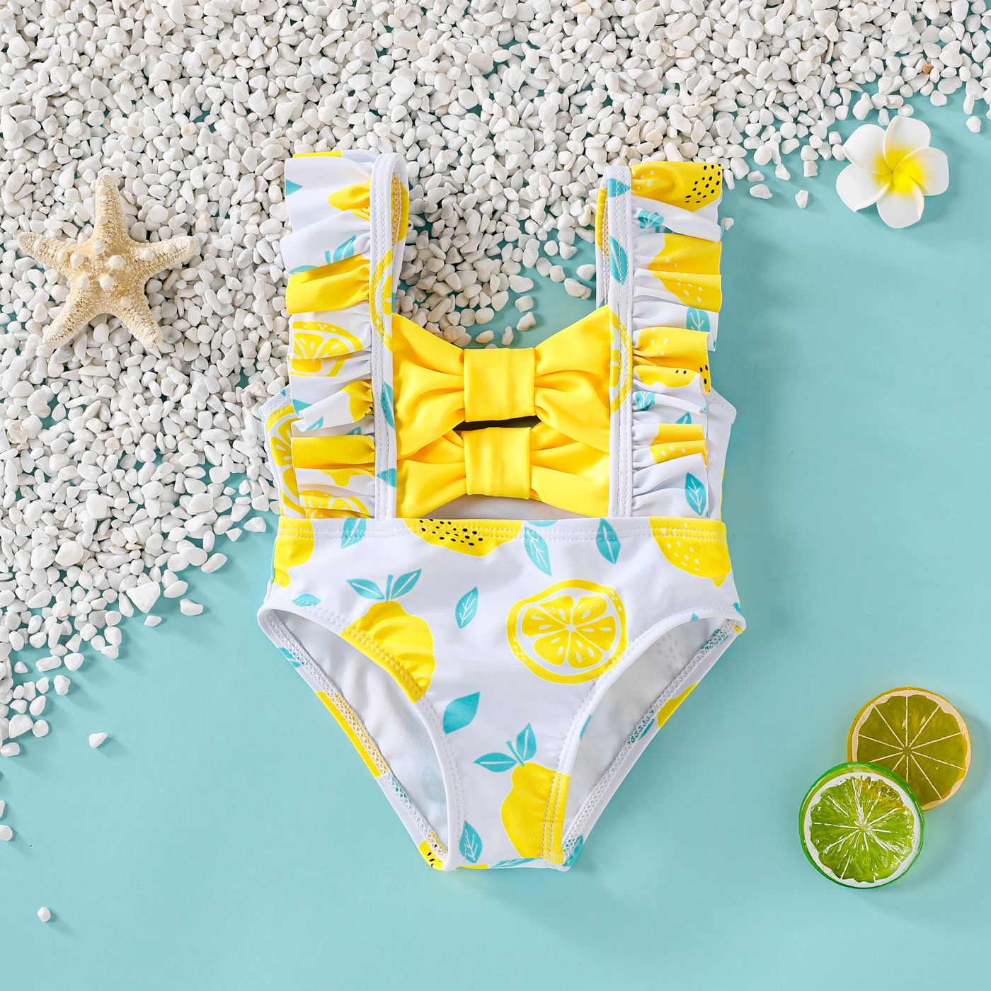 

Baby Girl Allover Lemon Print Bow Front Ruffle Trim One-piece Swimsuit