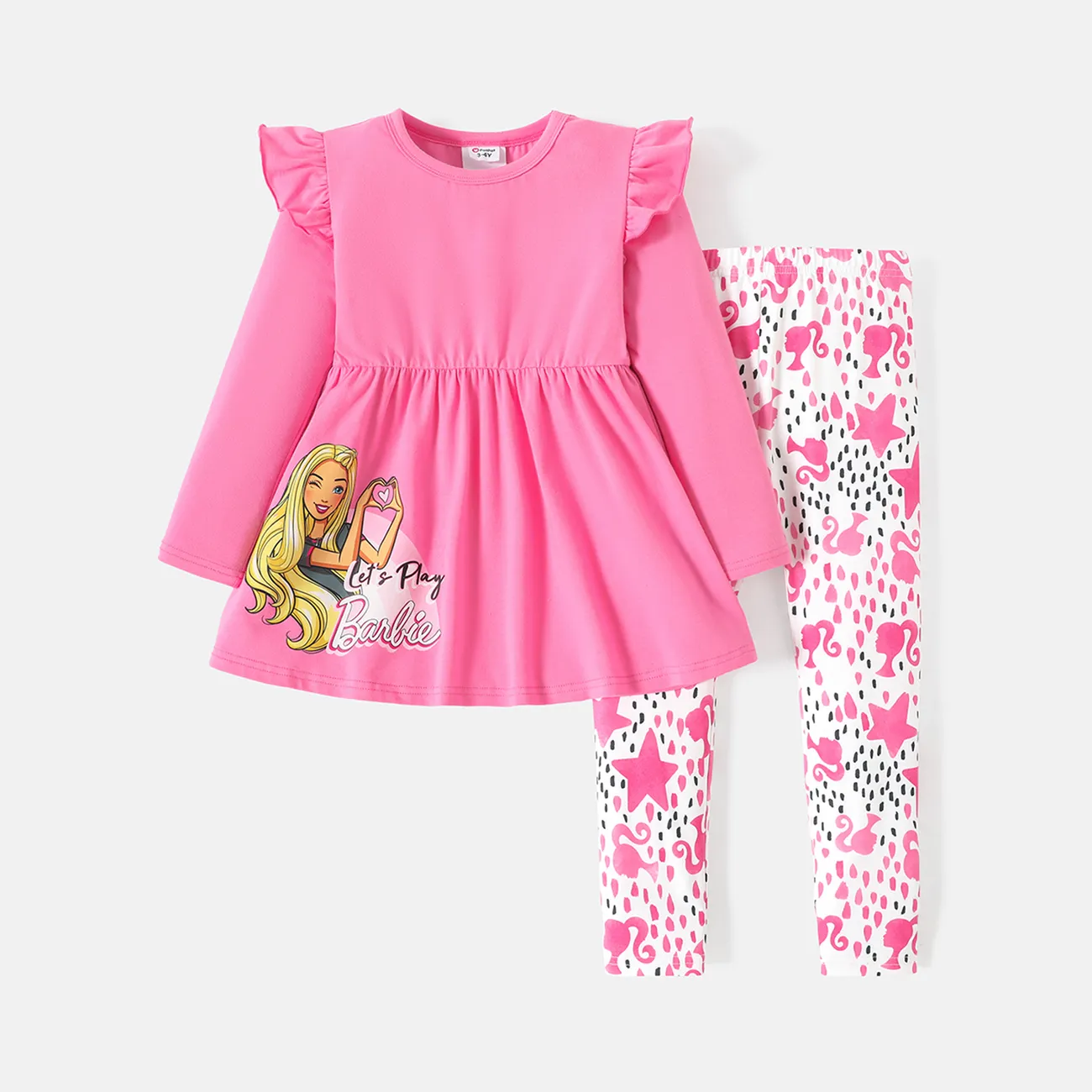 Barbie 2 pièces Enfant en bas âge Fille Bord à volants Doux ensembles de t-shirts Rose big image 1